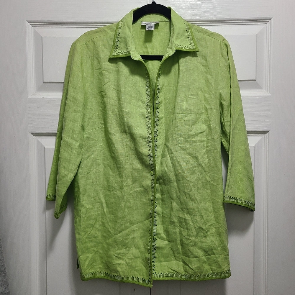 Pursuits Ltd Lime Green Linen Shirt Embroidered Details‎ Womens 8